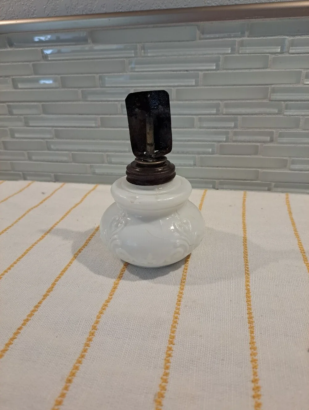 Antique Unique Milk Glass Fleur De Lis Embossed Pattern Miniature Oil Lamp